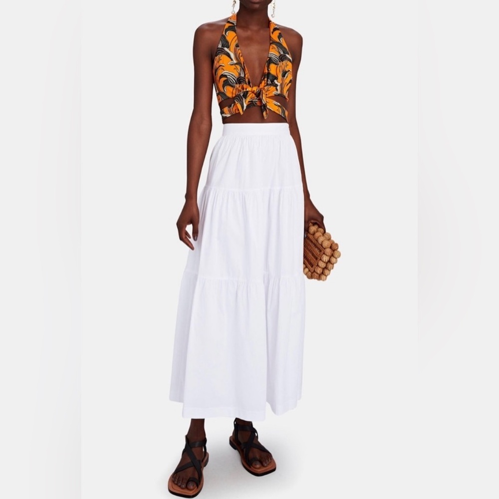 STAUD Sea Tiered Poplin Midi Skirt White Size 0 Like New